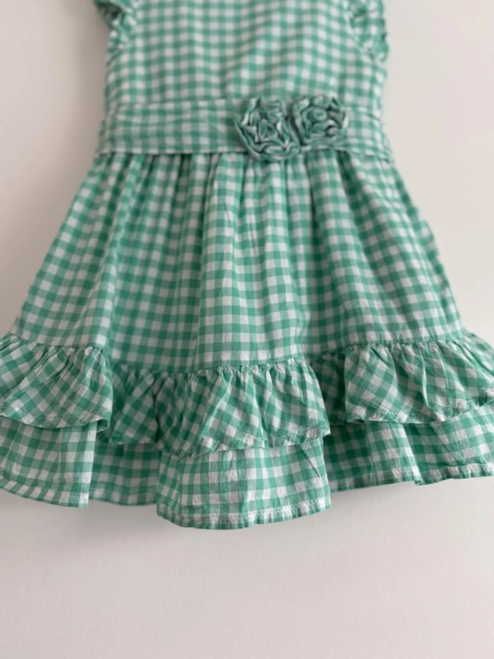 Chaps Toddler Girls 18M Green Gingham Dress Ruffle Hem Floral Detail - Picture 5 of 14